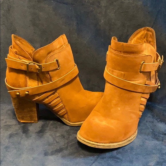Dark Tan Suede Strappy Booties - Picture 1 of 3